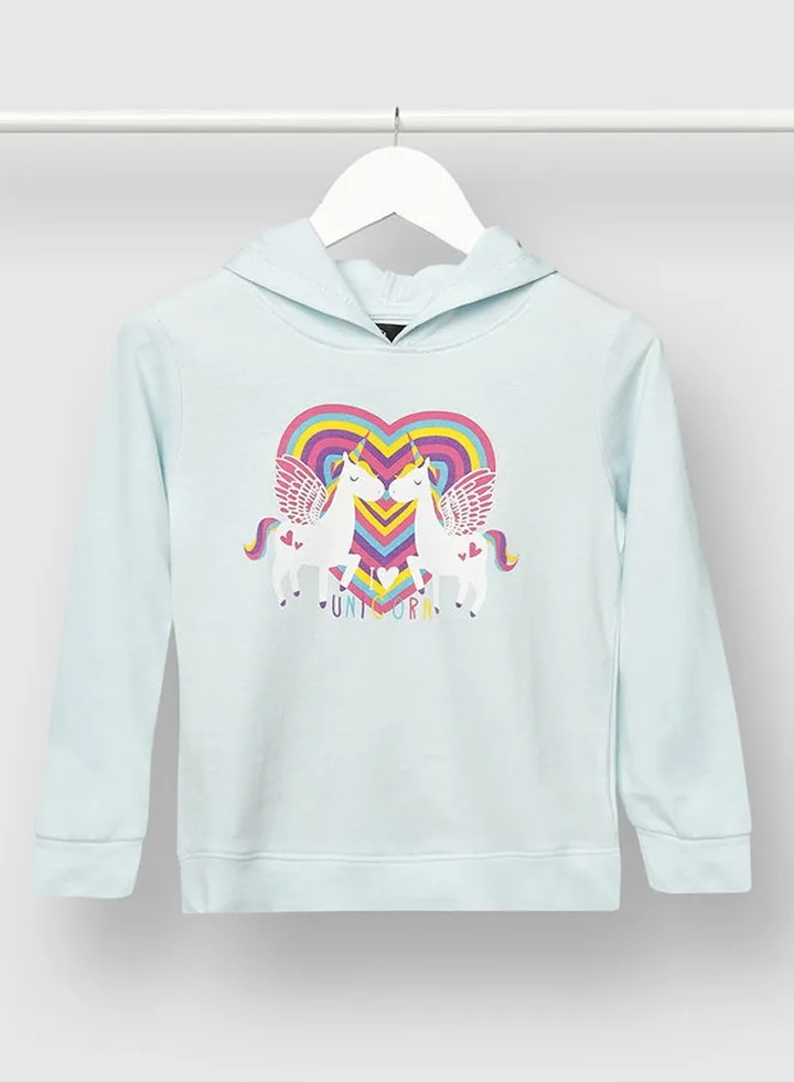 Girls Graphic Printed Casual Hoodie Blue
