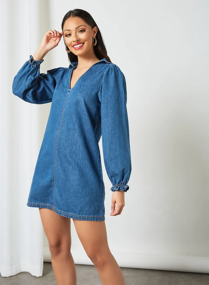 Balloon Sleeve Denim Dress Blue