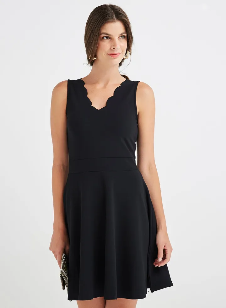 Scalloped Skater Dress Black