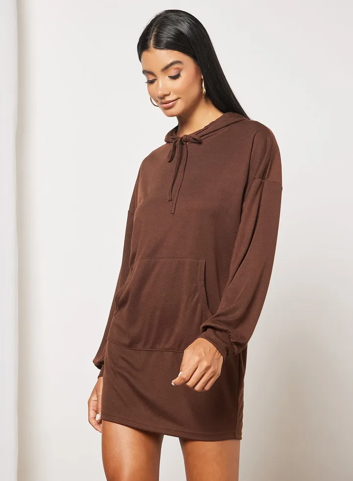 Hoodie front pocket dress Brown