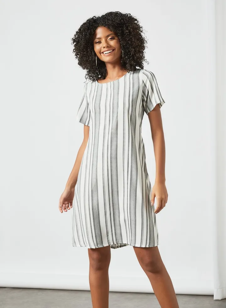 Fashionable Round Neck Dress Grey/White