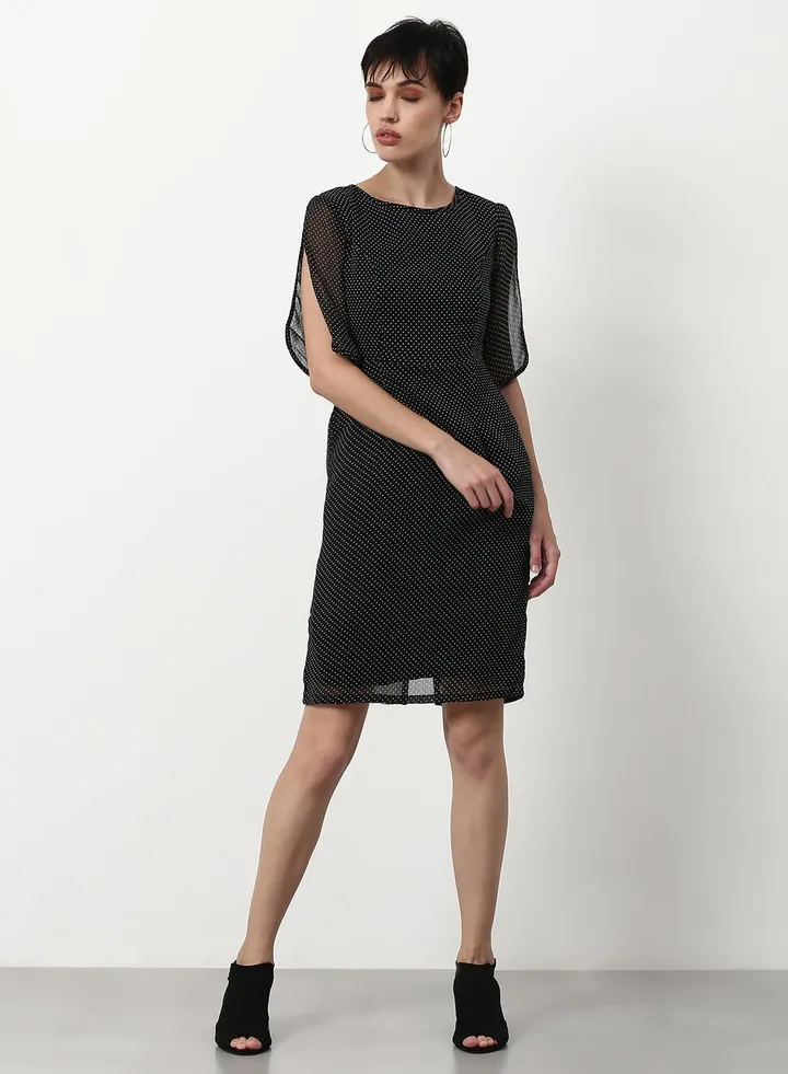 Polka Dot Printed Regular Fit Mini Dress Black