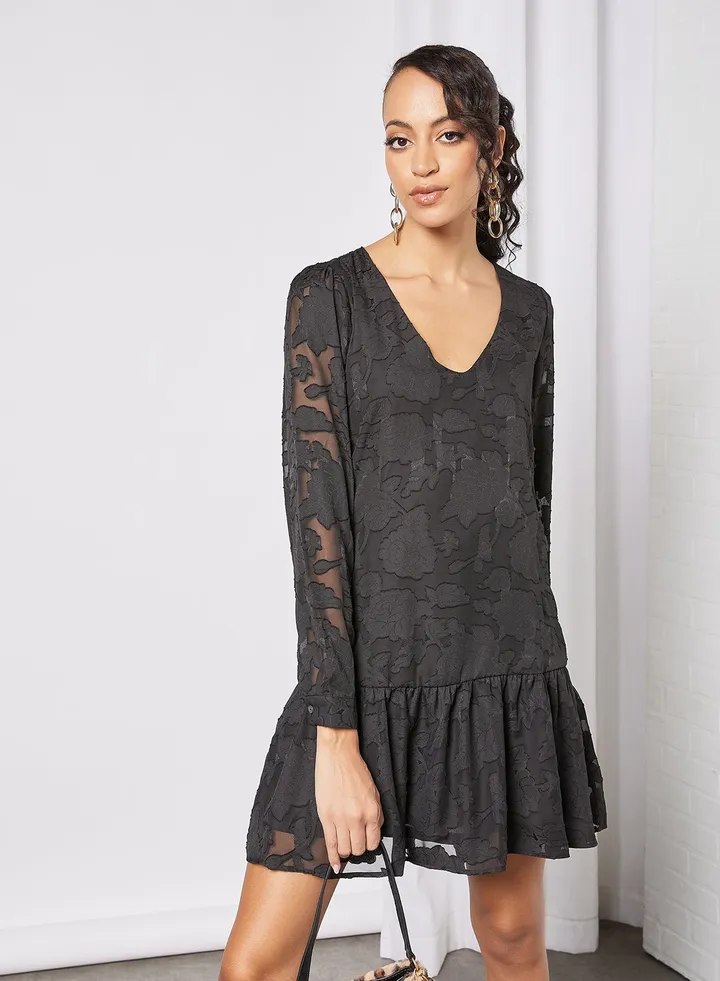 Lace Ruffle Mini Dress Black