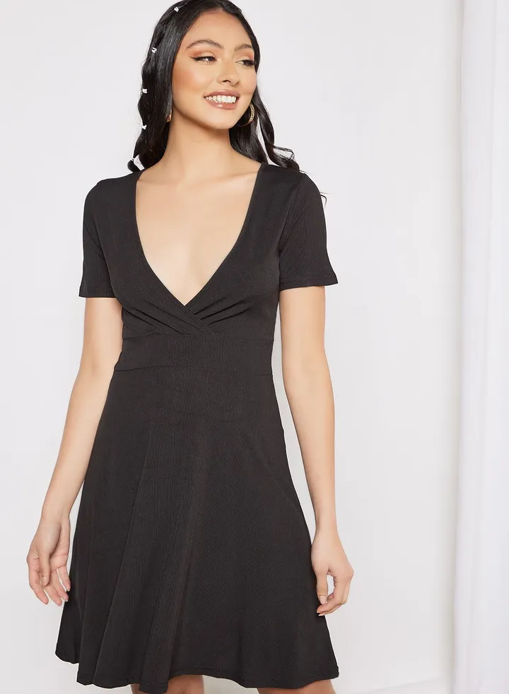 Plunge Neck Mini Dress Black