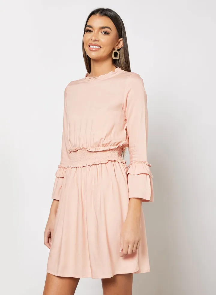 Women's Casual Stylish Mini Skirt Full Sleeves With Frills Light Brown