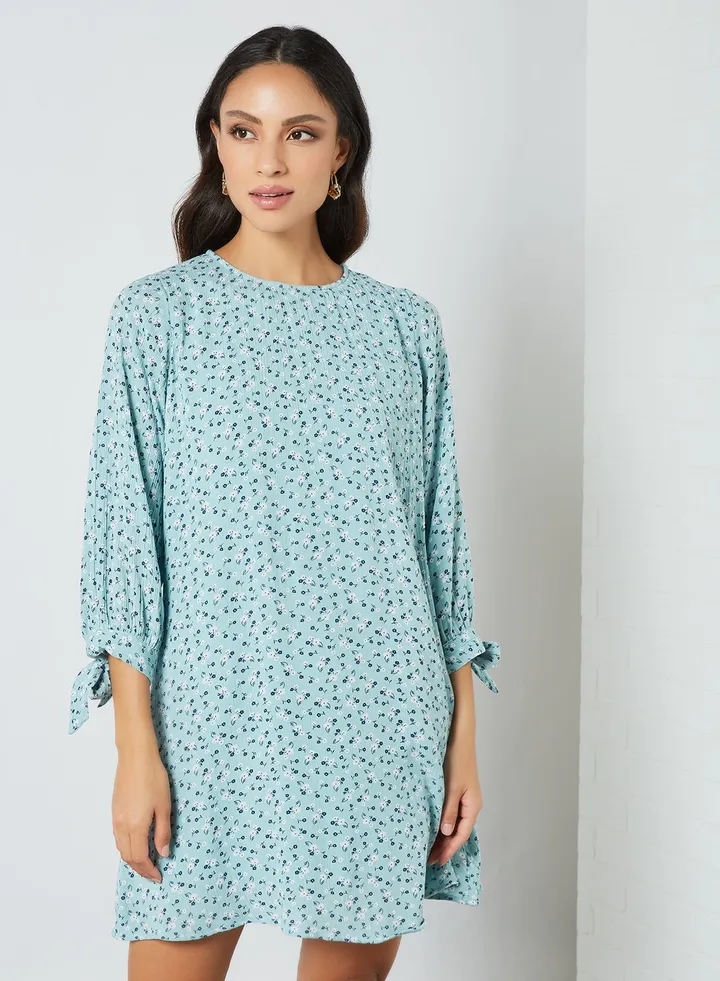 Casual Round Neck Mini Dress Blue Aop