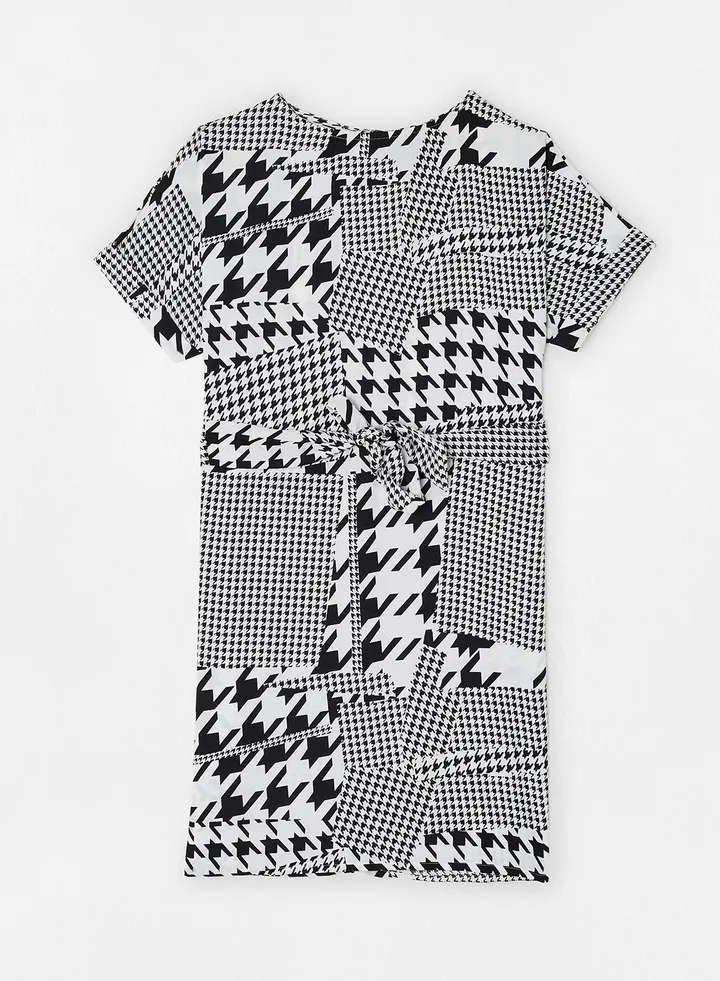 Printed Round Neck Mini Dress White/Black