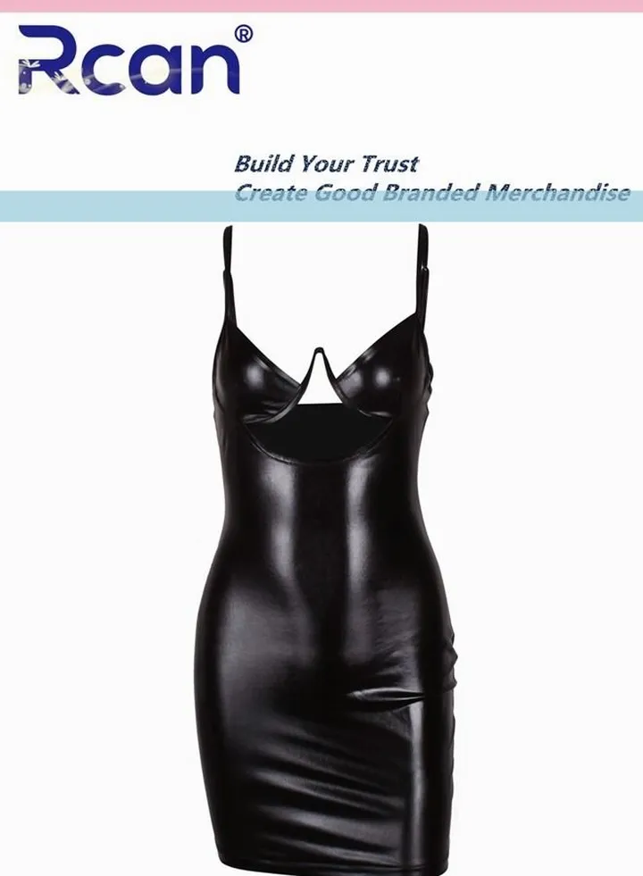 Tight Party Backless Suspender Mini Dress for Women's Babydolls Sleeveless Cropped Leather Skirt Black
