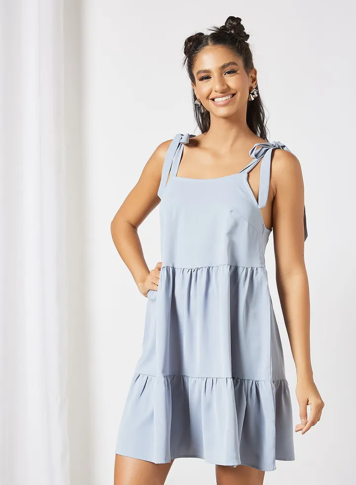 Tie Shoulder Tiered Dress Blue