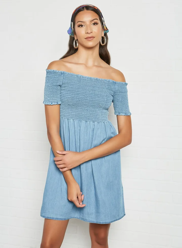 Shirred Bodice Dress Blue
