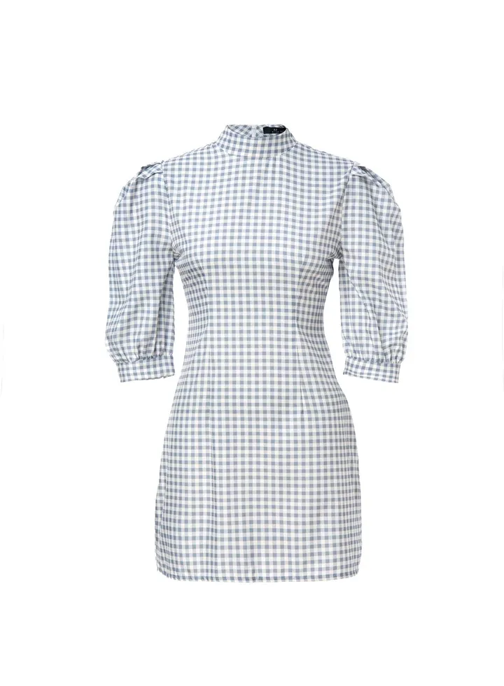 Puff Sleeve Check Dress BLUE/WHITE