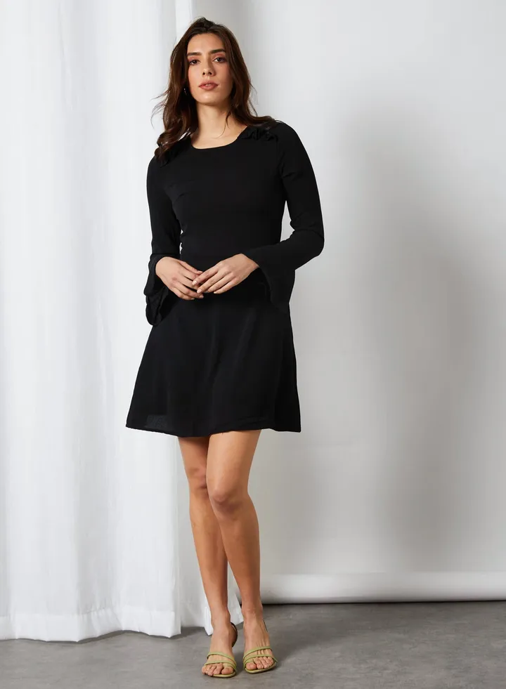 Bell Sleeves Ruffle Dress Black