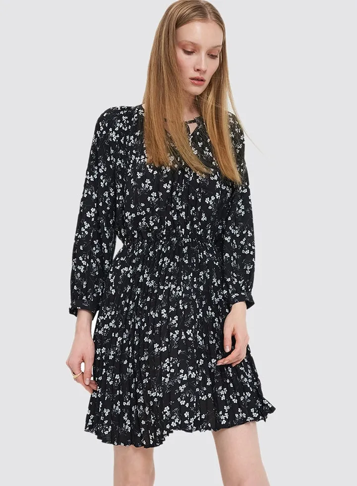 Floral Print Pleated Dress Black