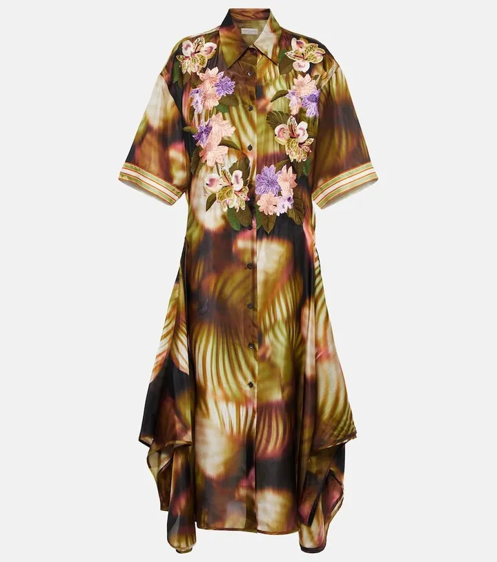 Embroidered printed silk shirt dress