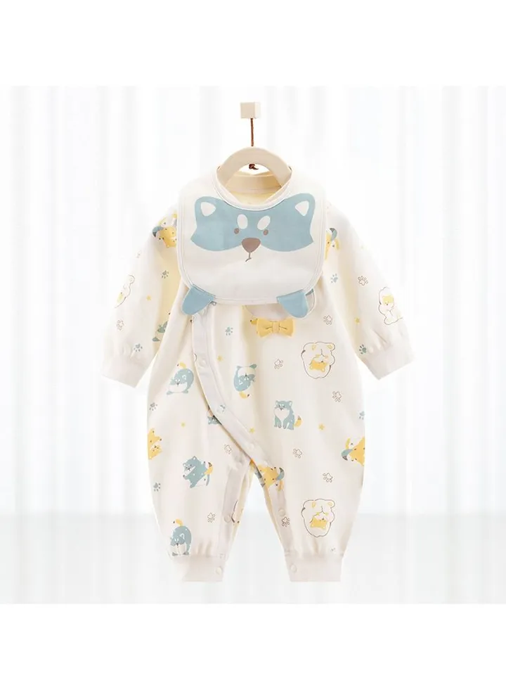 Baby's Cute Long-sleeved Cotton Cartoon One-piece With Bib