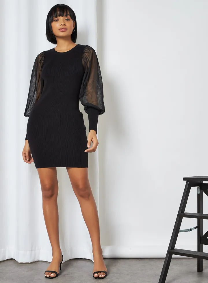 Plain Puff Sleeve Mini Dress Black
