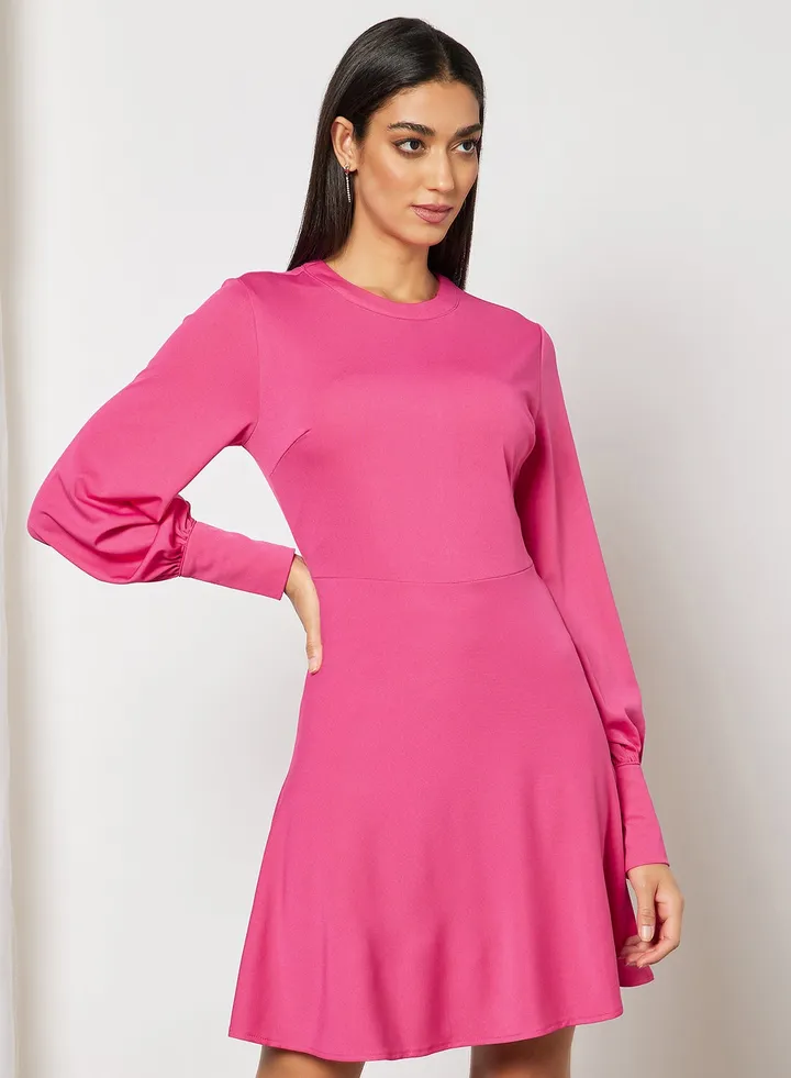 Flounce Hem Puff Sleeve Casual Dress Pink