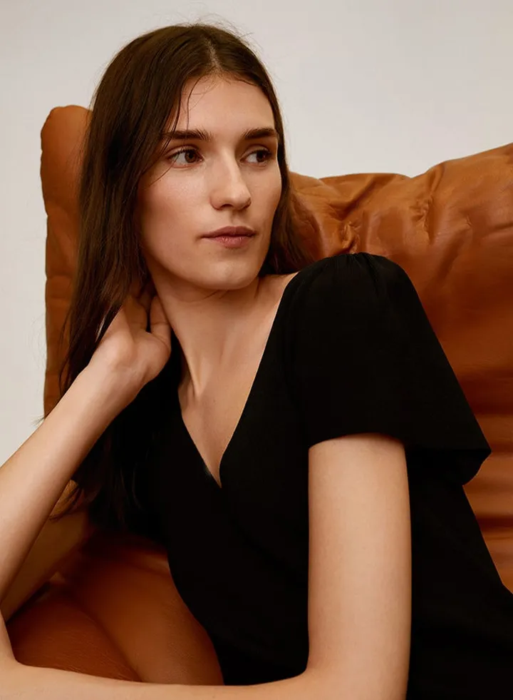 Frills Ruched Sleeve Midi Dress Black