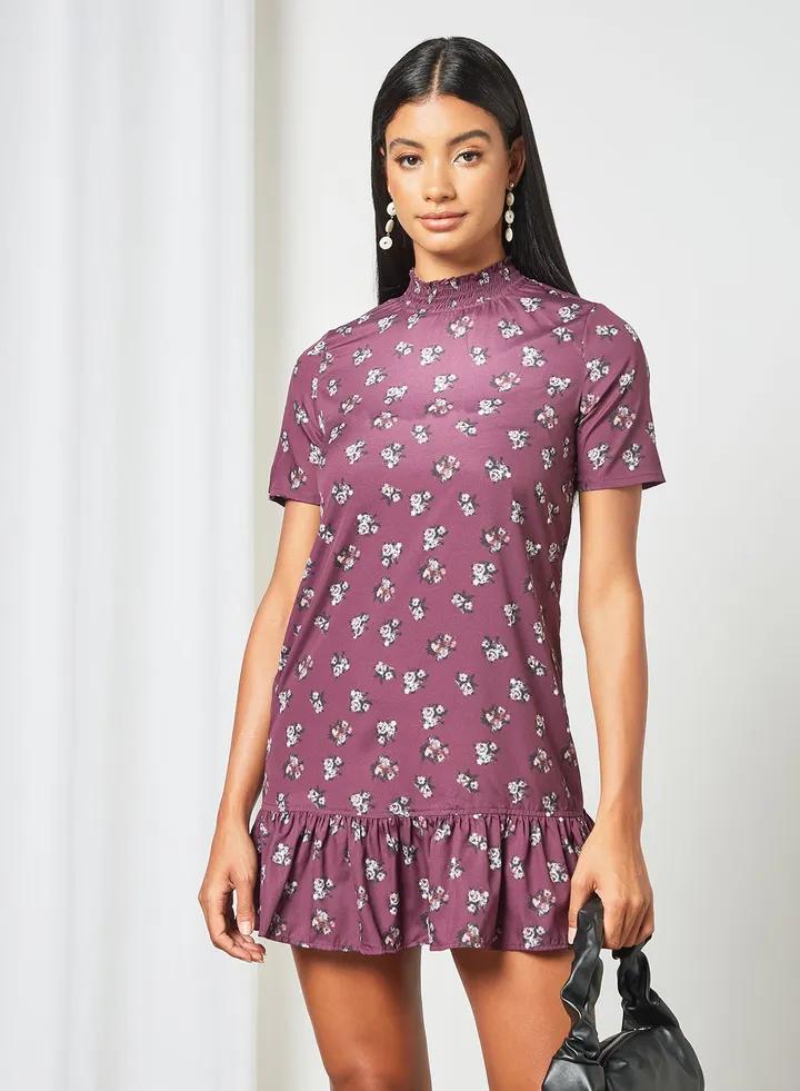 Floral Print Mini Dress Purple