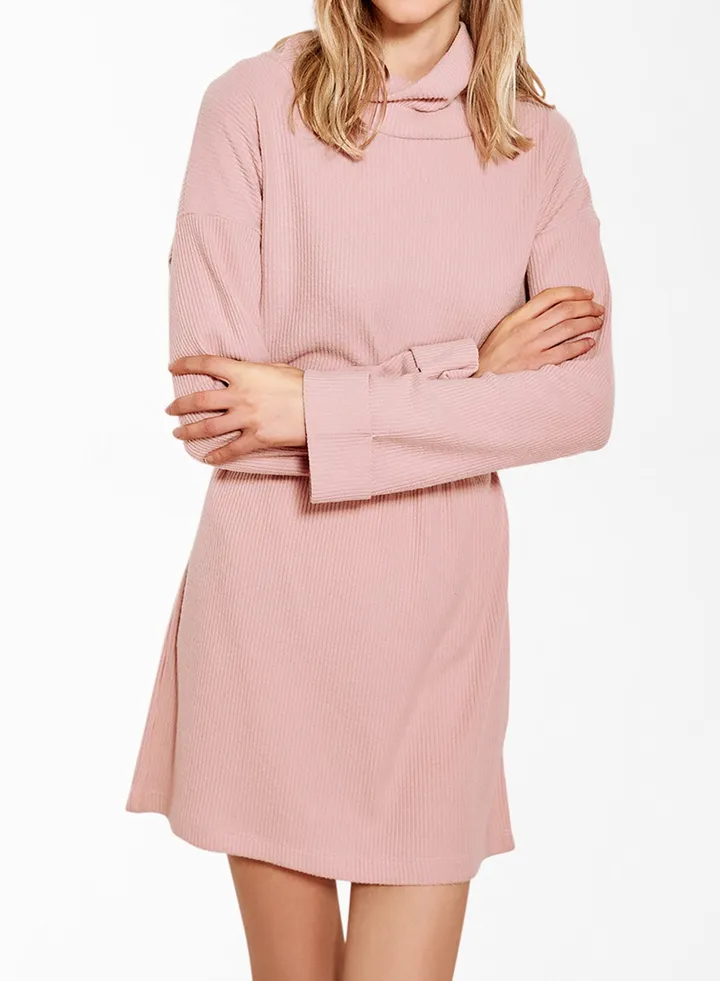 Ribbed Roll Neck Belted Dress Powder Pink