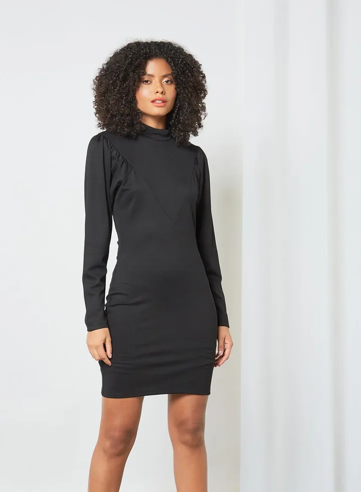 High Neck Puff Sleeve Dress Black