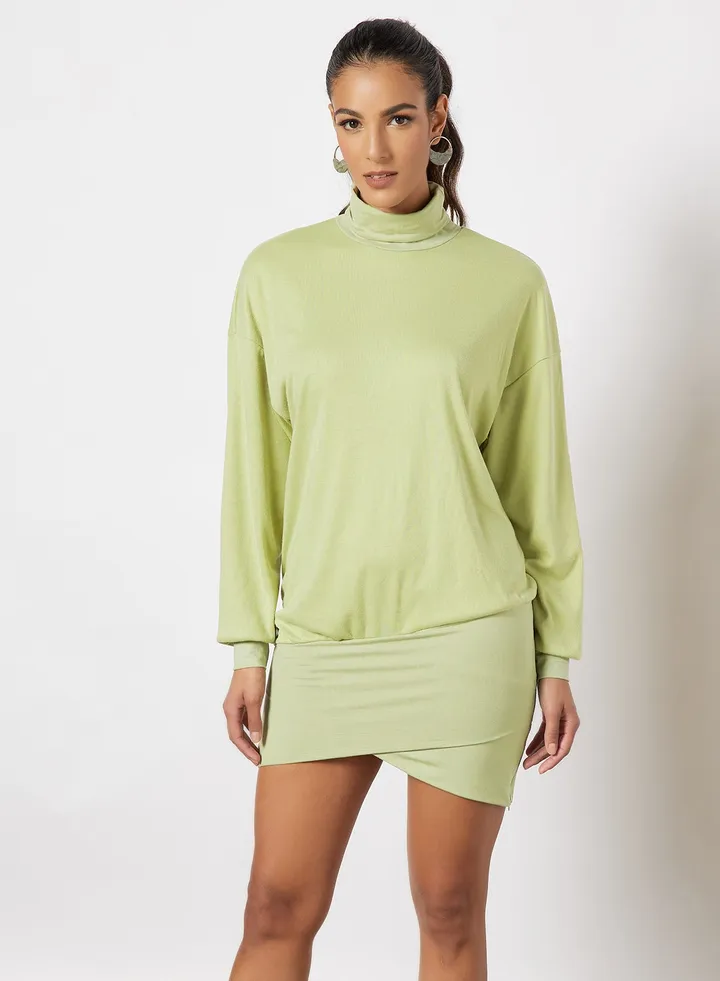 Women High Neck Long Sleeve One Piece Casual Dress Green