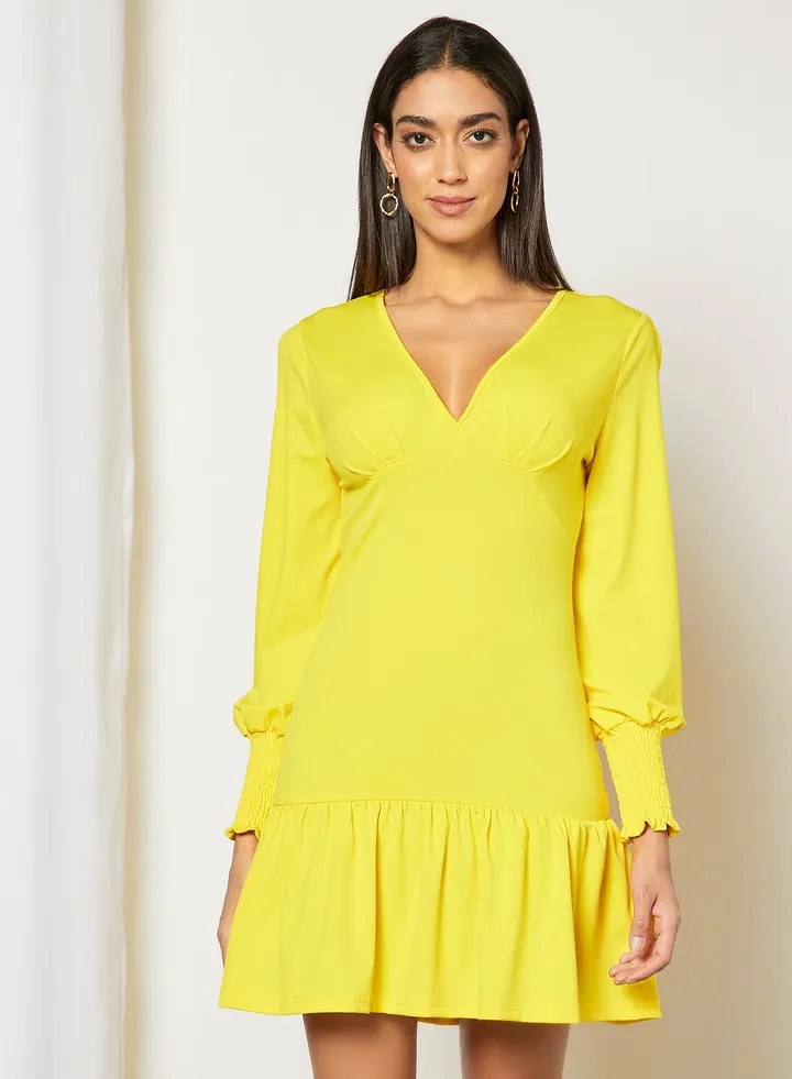 Women v-neck long puff sleeve ruffle hem mini dress Yellow