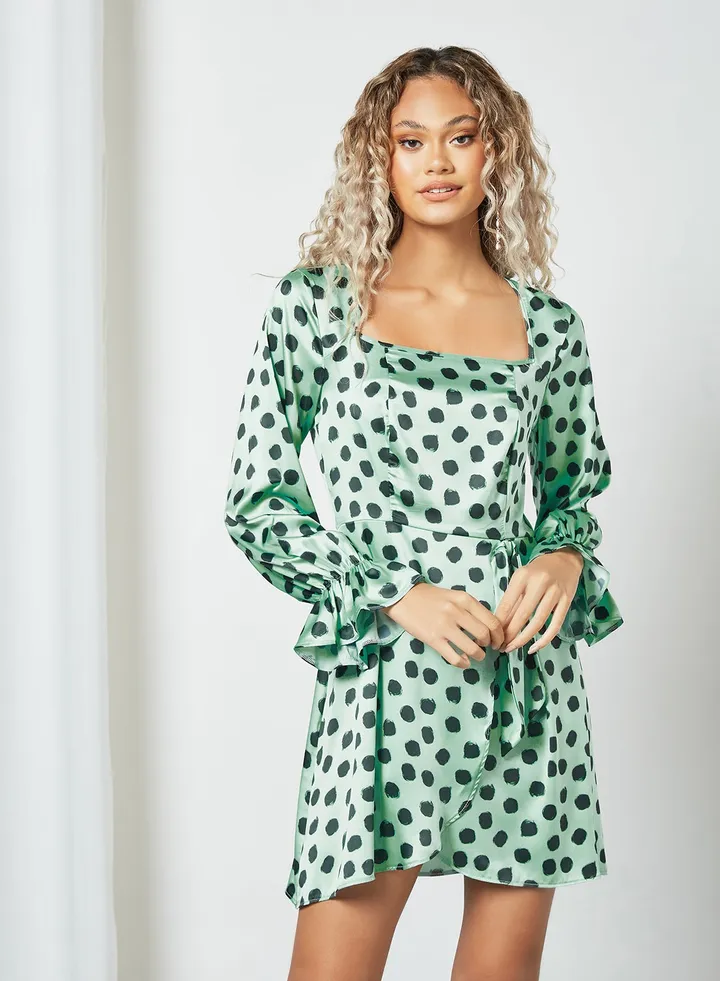 Satin Printed Wrap Dress Green
