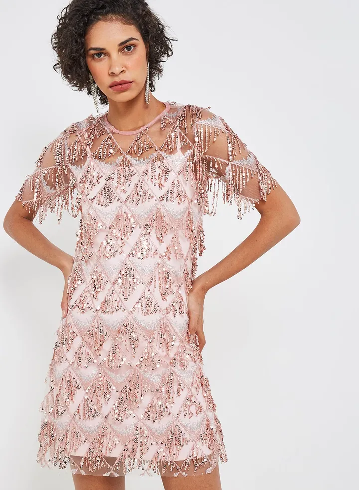 Embellished Round Neck Shift Mini Dress Blush Pink