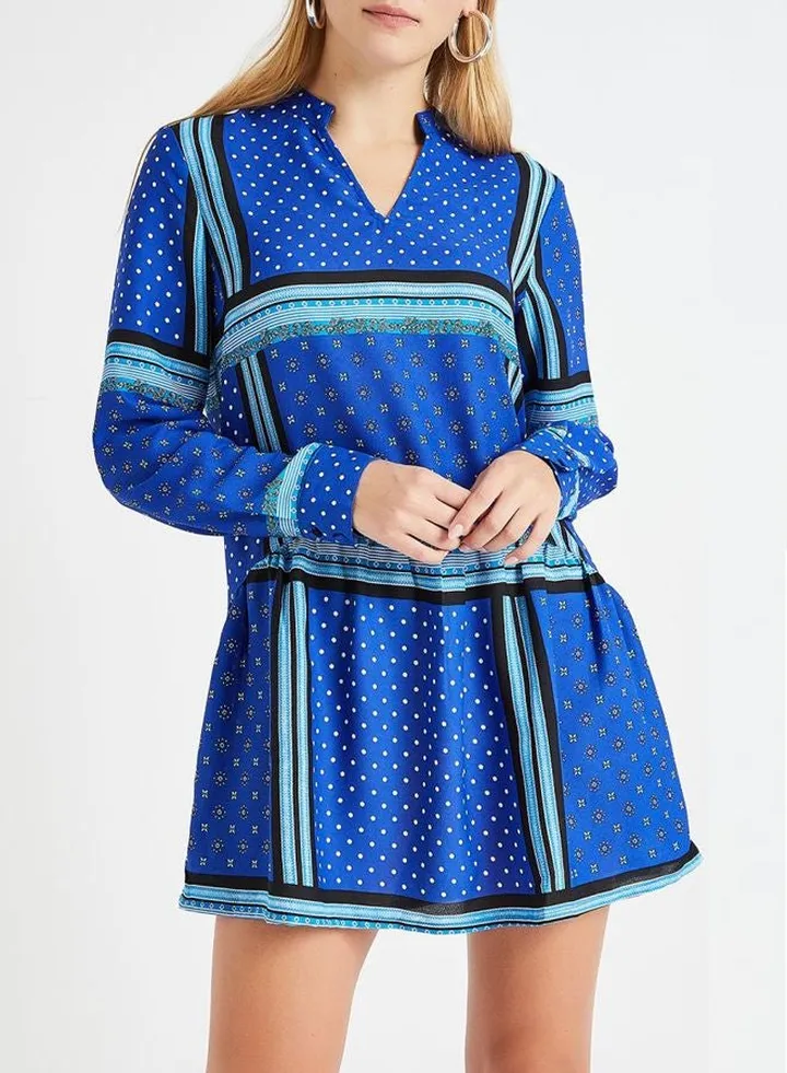 Printed V-Neck Dress Blue