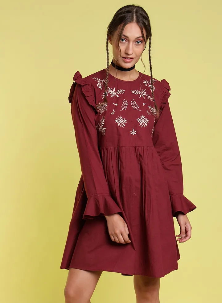 Fashionable Casual Mini Dress Maroon