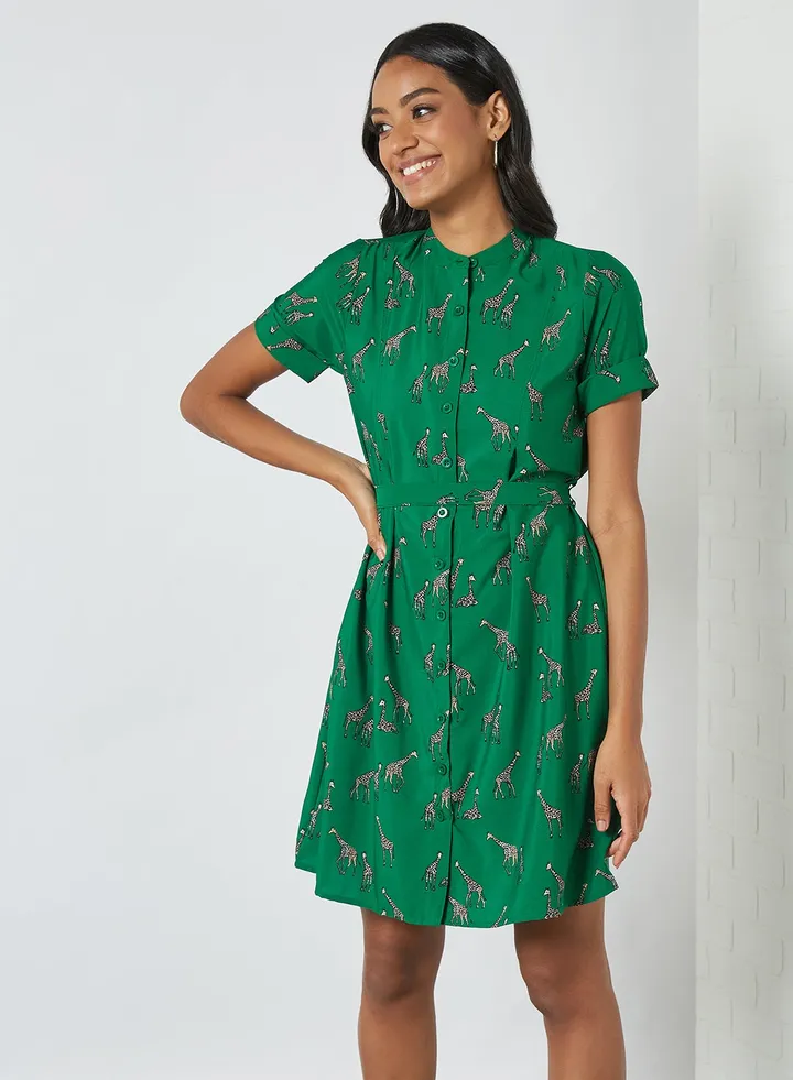 Giraffe Print Shirt Dress Green