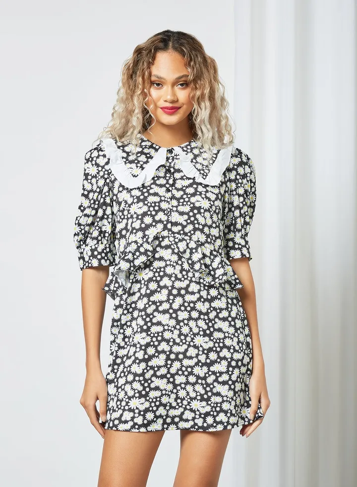 All-Over Floral Print Dress Black/White