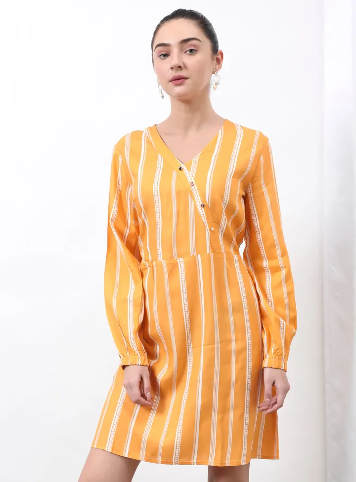 Casual V-Neck Striped Midi Dress Yellow