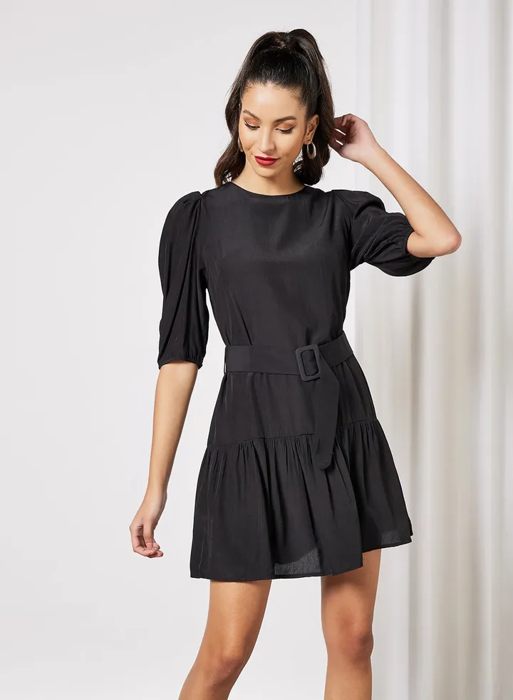 Puff Sleeve Belted Dress Black