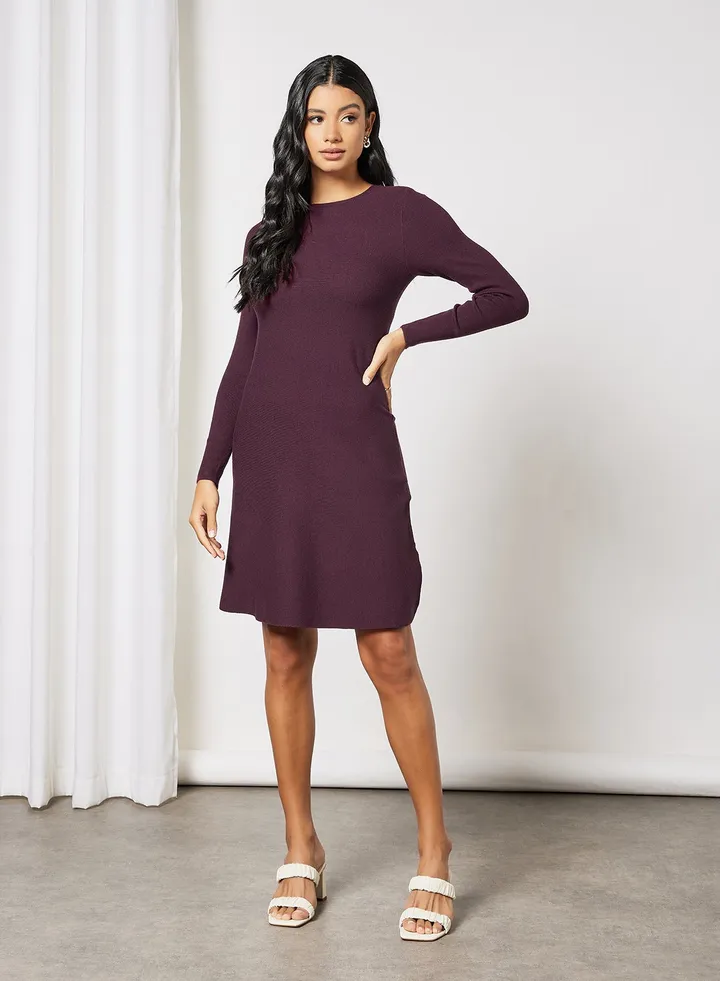 Long Sleeve Knit Dress Maroon