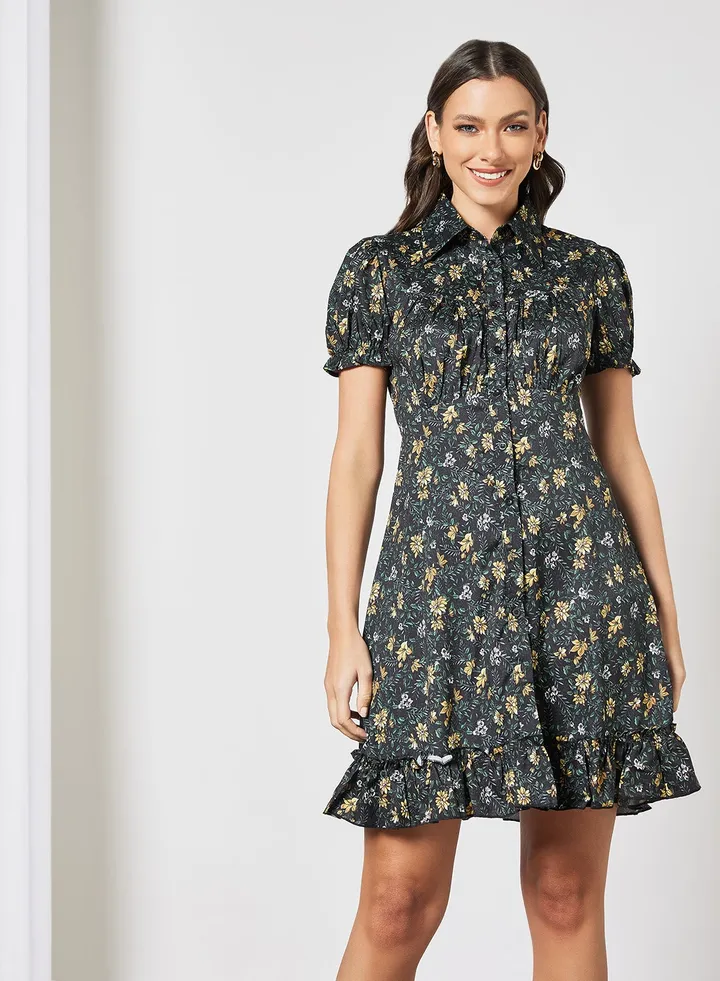 Floral Print Shirt Dress Black