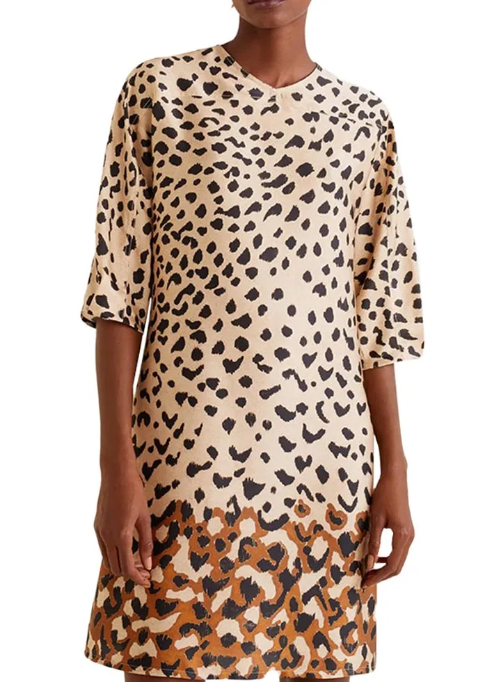 Contrast Leopard Short Sleev Hem Dress Brown