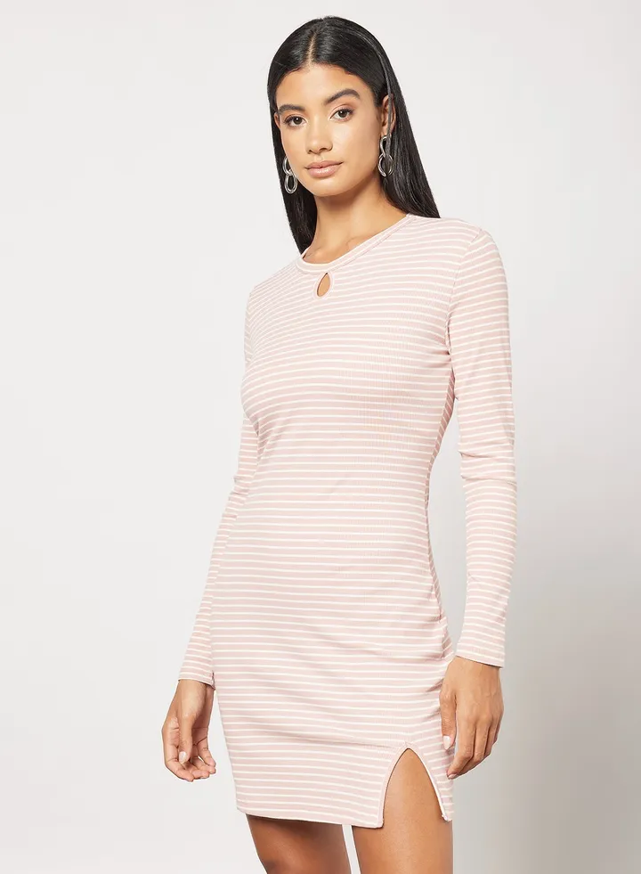 Women's Casual Yarn Dyed Ribbed Striped Design Midi Long Sleeve Knit Dress White/Blush