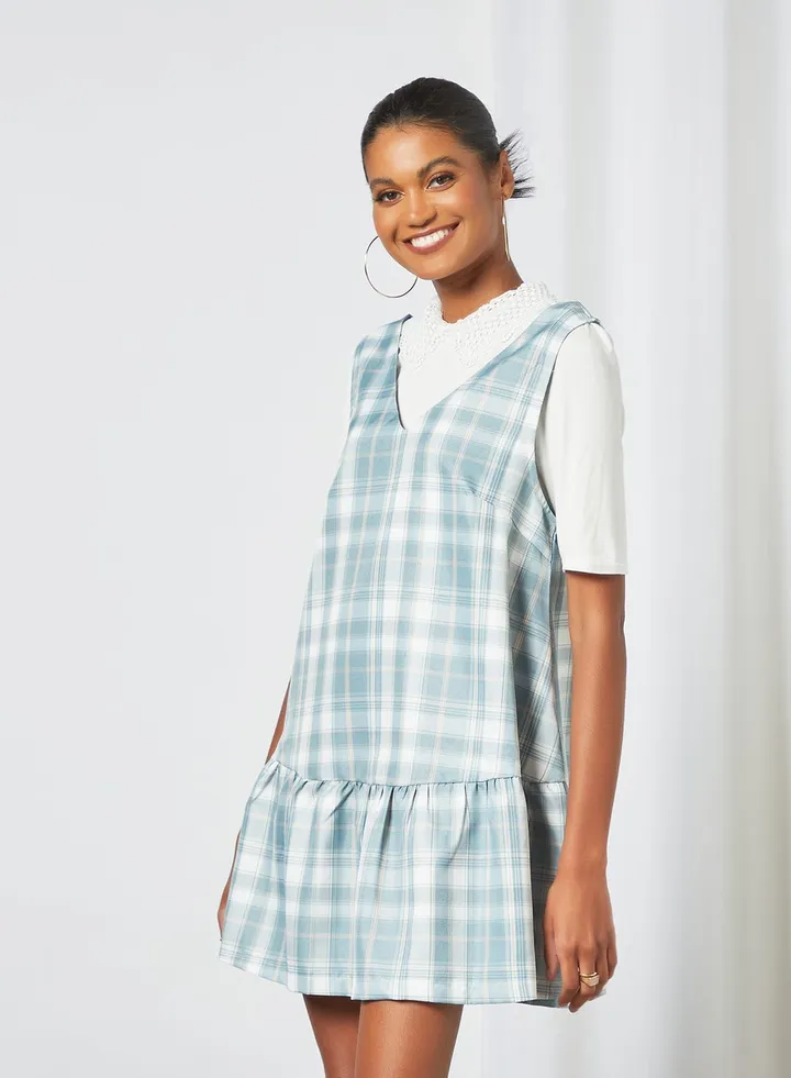 Checked Pinafore Dress Blue