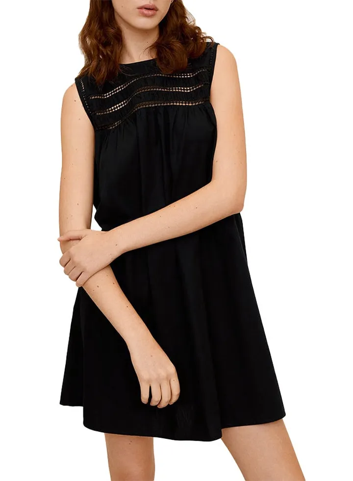 Cutwork Neck Mini Sleeveless Dress Black