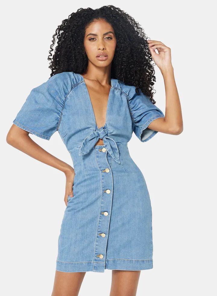 Knotted Front Denim Dress Blue