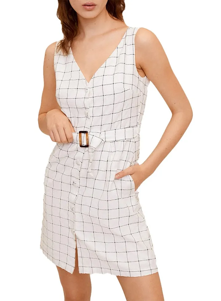 Checked Belted Sleeveless Dress White