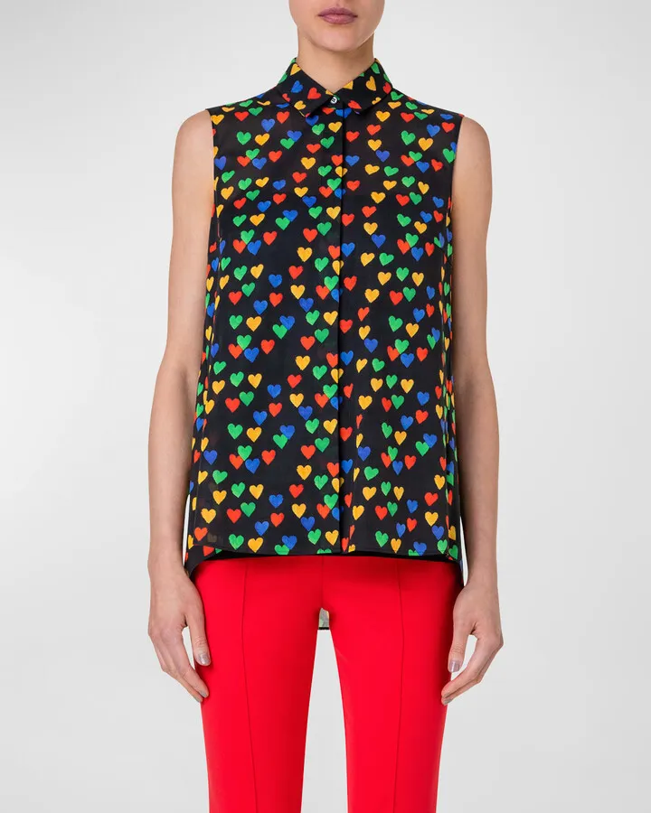 Hearts Print Sleeveless Voile Blouse