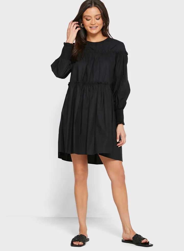 Tiered Hem Puffed Round Neck Long Sleeve Mini Dress Black