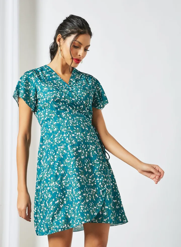 Floral Print Midi Dress Blue