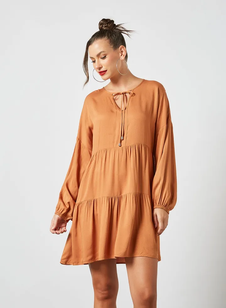 Tie-Up Neckline Dress Brown