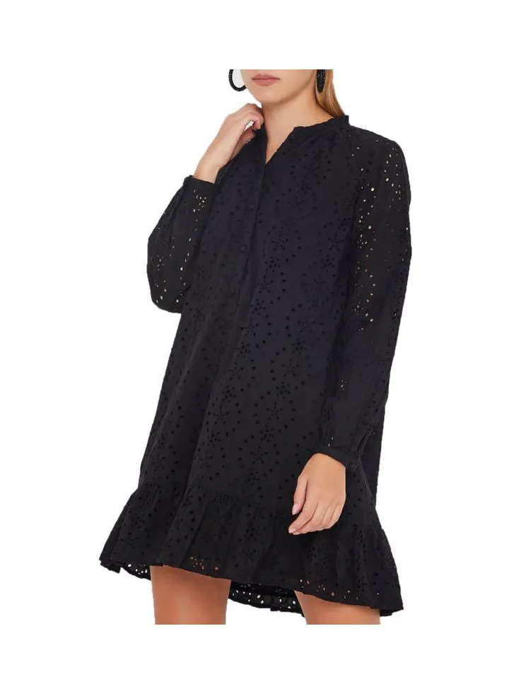 Ruffled Schiffli Mandarin Collar Dress Black