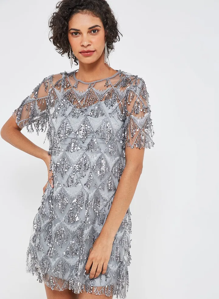 Embellished Round Neck Shift Mini Dress Charcoal Grey