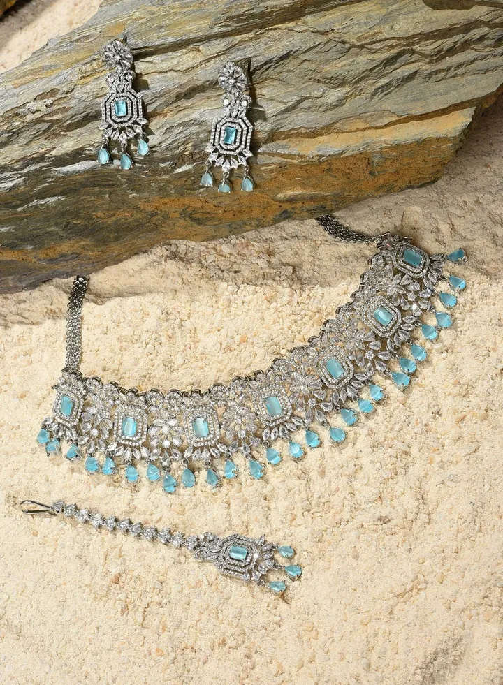 Silver Plated Designer Stone Necklace, Earrings and Maang Tikka Set Jewellery Set